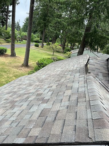 A roof with a lot of shingles on it and trees in the background.