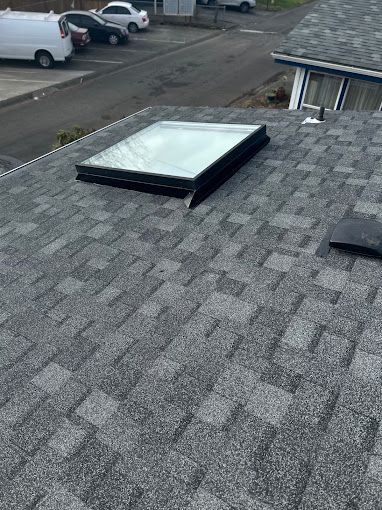 There is a skylight on the roof of a house.