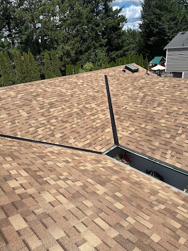 A roof with a hole in it and trees in the background.