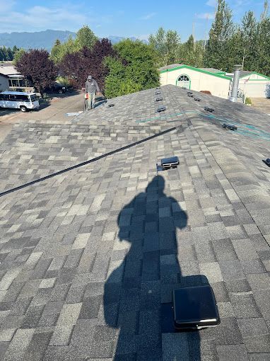 A person is standing on top of a roof with a shadow on it.