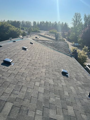 A roof with a lot of vents on it and trees in the background.
