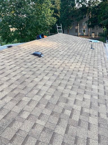 A close up of a roof with a ladder on top of it.
