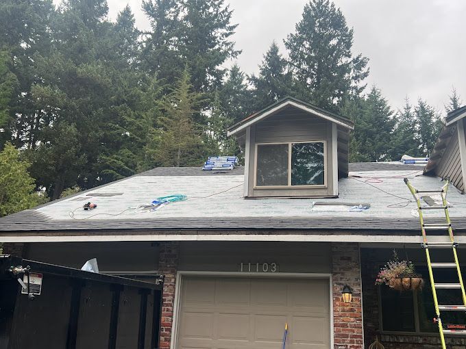 A house with a ladder on the roof and a garage door.