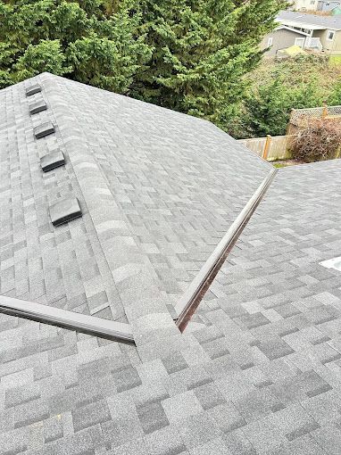 A close up of a roof with a chimney and trees in the background.