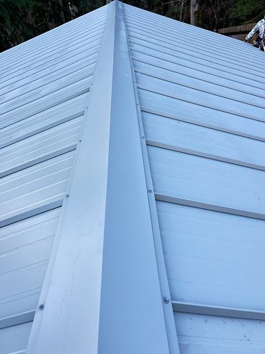 A close up of a metal roof with a gutter on it.
