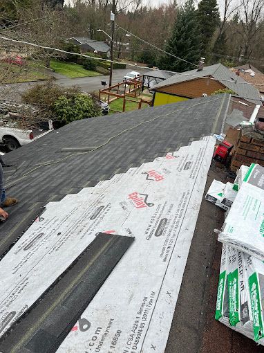 A man is working on the roof of a house.