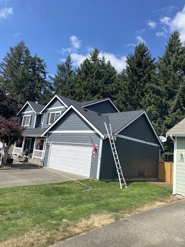A house with a ladder on the side of it is being painted.