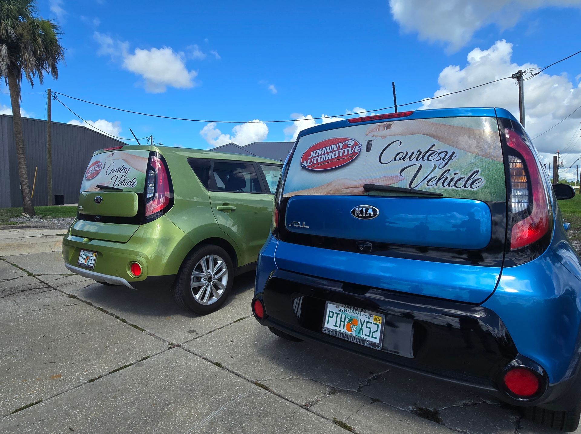 Two Kia Souls, one green and one blue, parked on pavement with advertisements on rear windows under a blue sky. | Johnny's Automotive