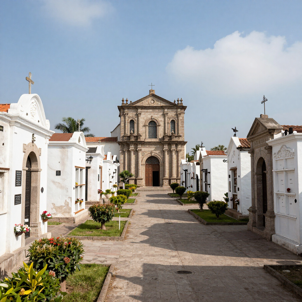 Sendero blanco del cementerio que conduce a una iglesia histórica de piedra bajo un cielo azul.