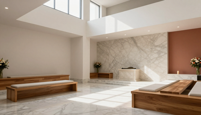 Habitación minimalista y luminosa con bancos de madera, pared de mármol y grandes ventanales.