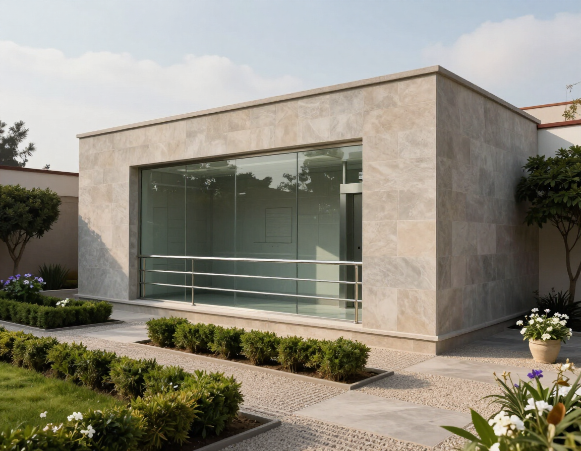 Mausoleo moderno de piedra con una gran fachada de cristal, ubicado en un jardín paisajístico con senderos y arbustos.
