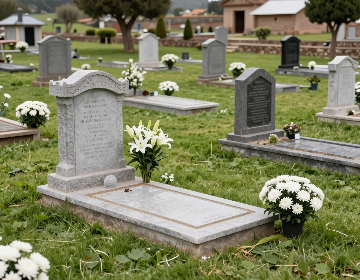 Lápidas en un cementerio, con flores blancas colocadas junto a varias de ellas.