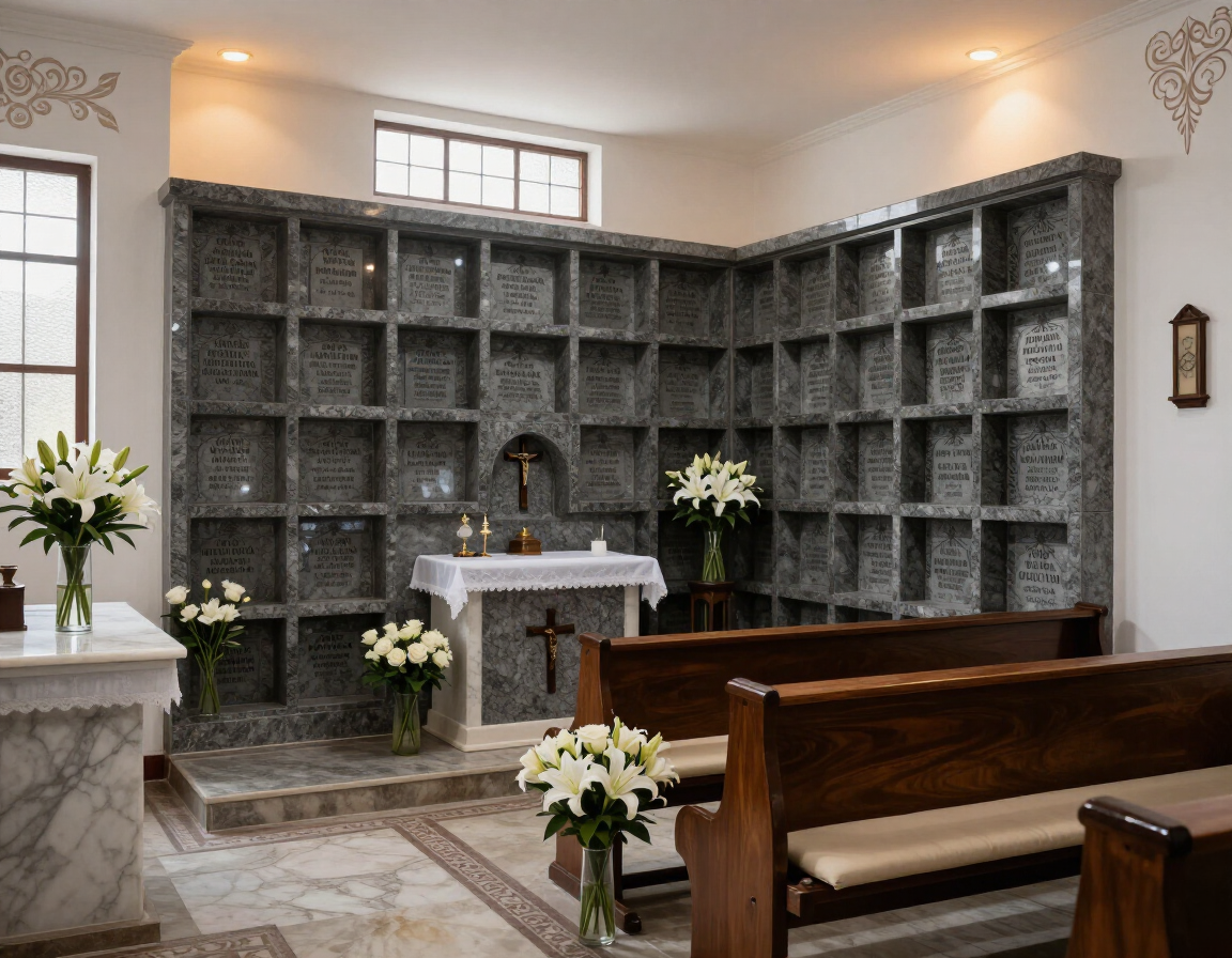 Capilla de la iglesia con altar de piedra en un nicho, flores blancas y bancos de madera en un interior tenuemente iluminado.