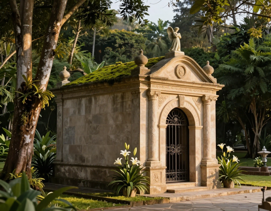 Pequeño mausoleo de piedra con una puerta ornamentada y una estatua, rodeado de exuberante vegetación tropical.