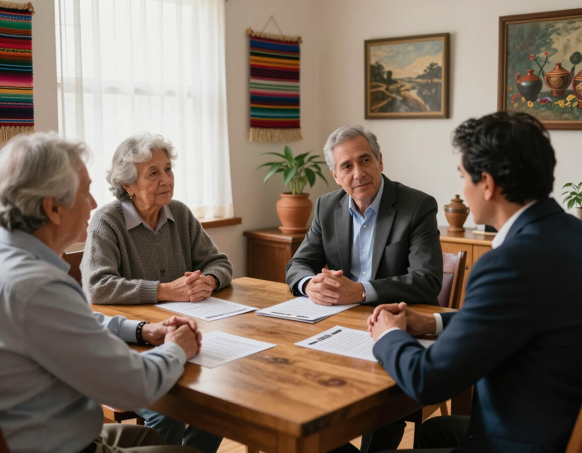 Cuatro personas reunidas alrededor de una mesa de madera con papeles en una oficina luminosa, conversando entre sí.