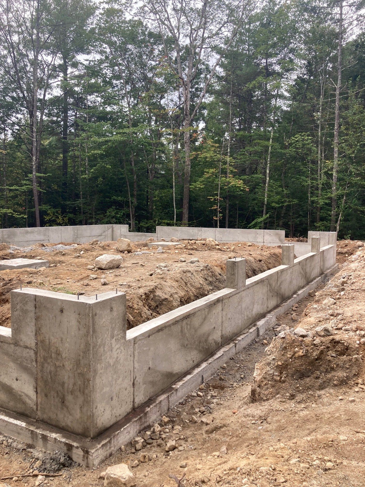A concrete foundation is being built in the middle of a forest.