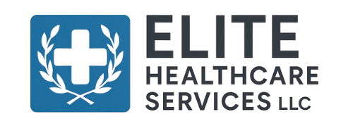 Logo for Elite Healthcare Services LLC: A white cross inside a blue square with olive branches and text 