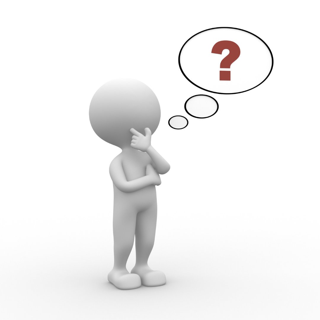 White stick figure pondering with a question mark in a thought bubble.