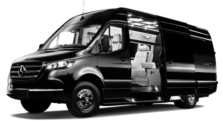 A black and white photo of a mercedes sprinter van with the door open.