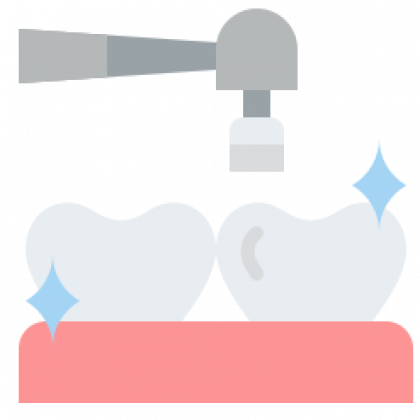 Teeth being polished by a dental tool; clean and shiny with blue sparkles.