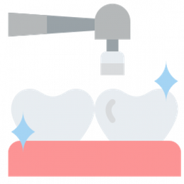 Teeth being polished by a dental tool; clean and shiny with blue sparkles.