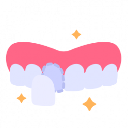 Cartoon showing teeth with a chipped tooth and a dental crown, surrounded by pink gums and yellow sparkles.