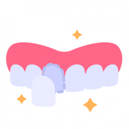 Cartoon showing teeth with a chipped tooth and a dental crown, surrounded by pink gums and yellow sparkles.