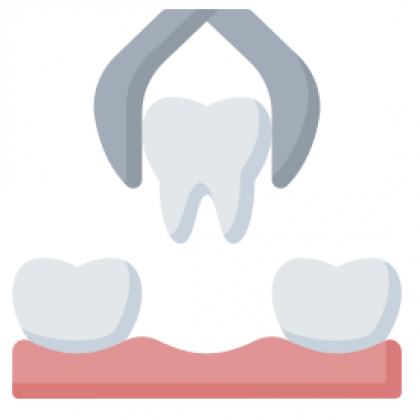 Tooth extraction: dental tool gripping a tooth above gums and two remaining teeth.