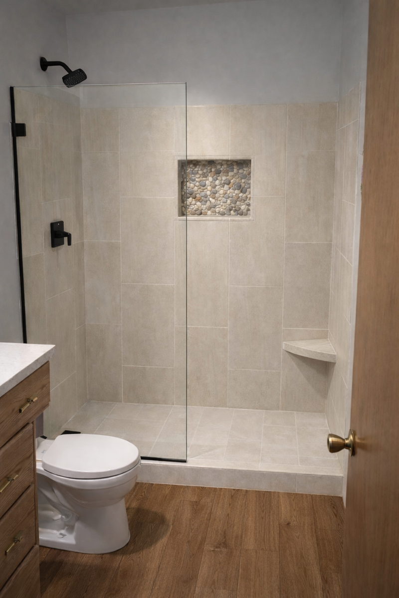 Bathroom with a walk-in shower. Beige tiles, glass door, dark fixtures, toilet, wooden floor, and vanity.
