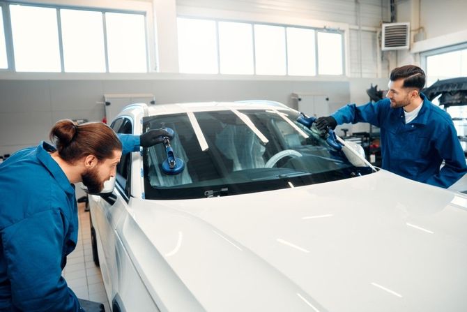 Two mechanics replacing a car windshield in a repair shop.