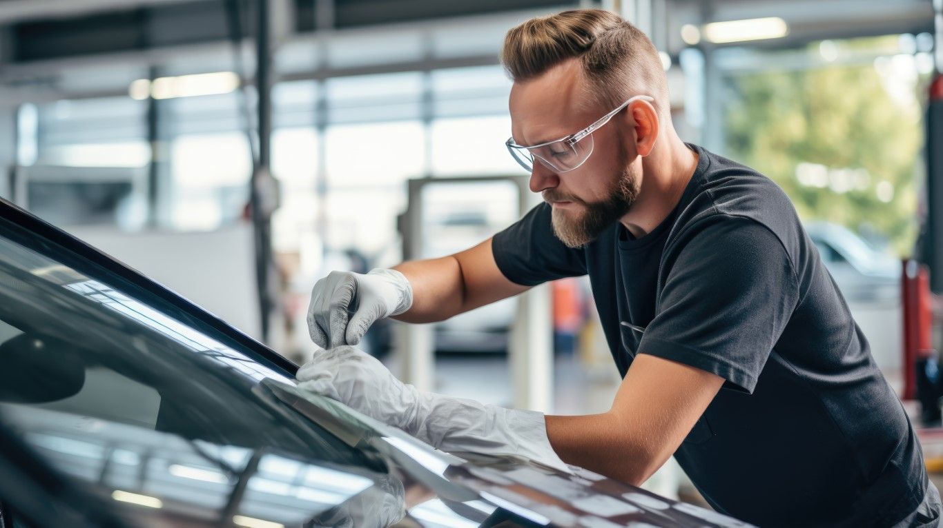 Mechanic wearing gloves and goggles cleaning a car windshield in a garage.