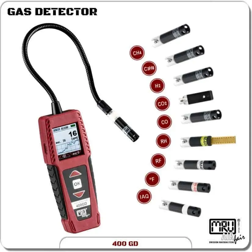 Detector de gas rojo con pantalla, sonda flexible y cabezales sensores reemplazables para diversos gases.