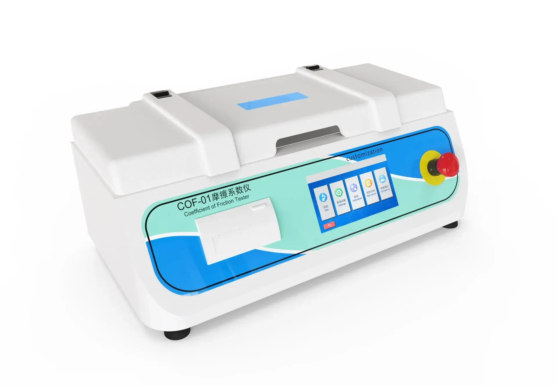 Dispositivo médico, blanco y azul, con pantalla táctil, botones y parada de emergencia.