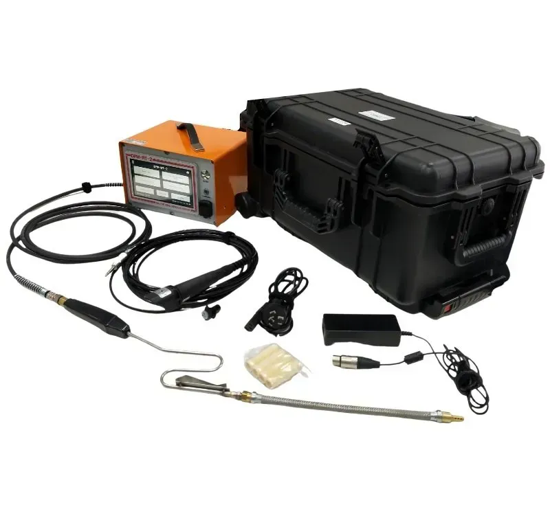 Unidad de control naranja, estuche negro, sondas y accesorios.