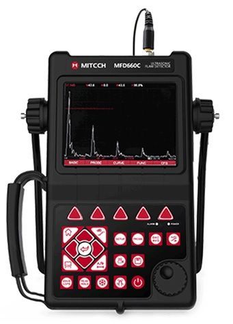 Detector de defectos ultrasónico portátil de color negro con pantalla que muestra una forma de onda y asa.
