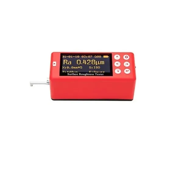 Medidor de rugosidad superficial roja con pantalla LCD que muestra Ra 0,428 μm.