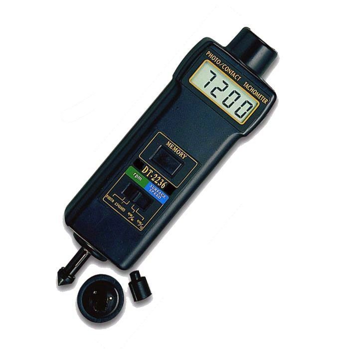 Tacómetro digital portátil, mide en forma optica y de contacto, con pantalla digital, mide RPM, y velocidad lineal, DT-2236