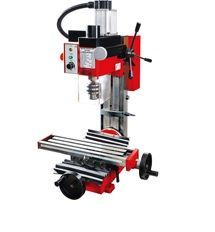 Fresadora mini roja y negra con mesa horizontal y cabezal de perforación vertical.