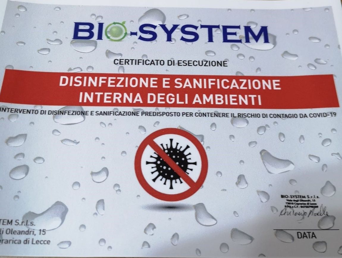 certificato di disinfezione e sanificazione