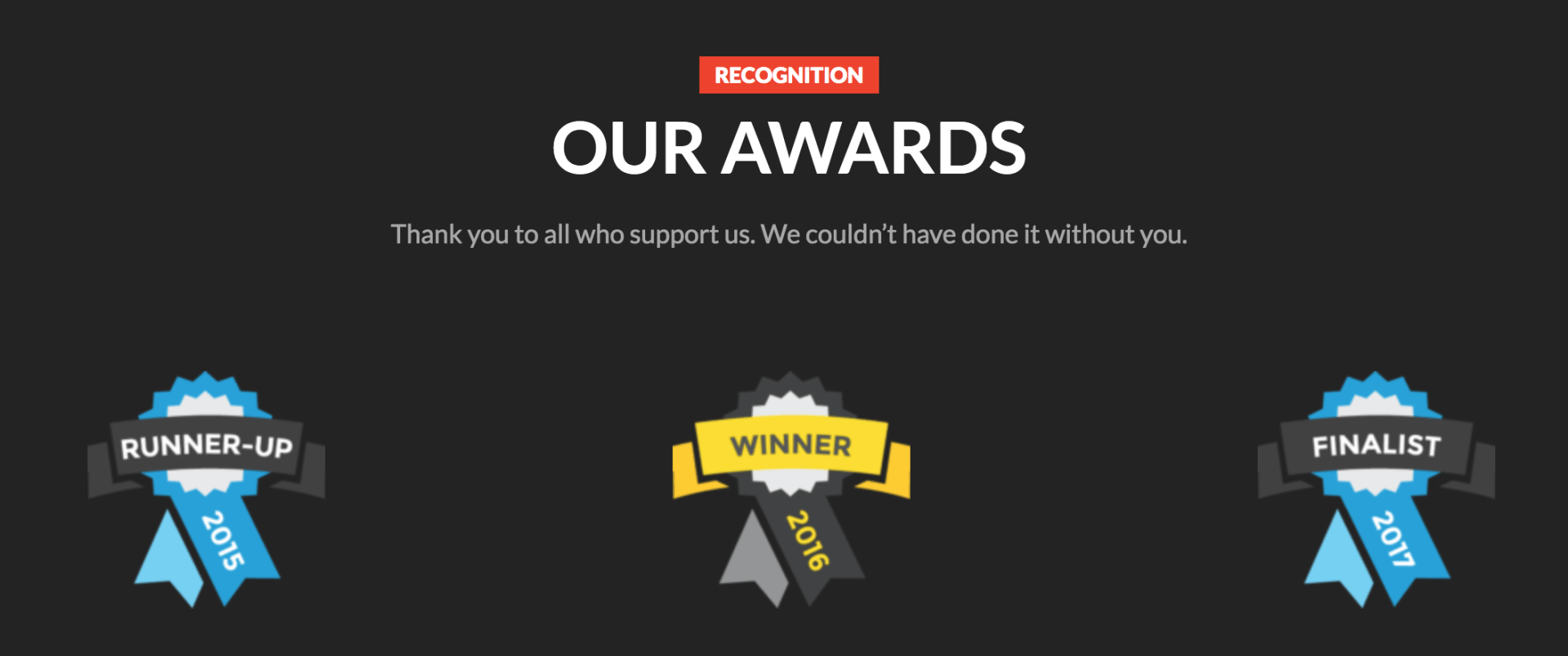 A black background with three ribbons that say our awards