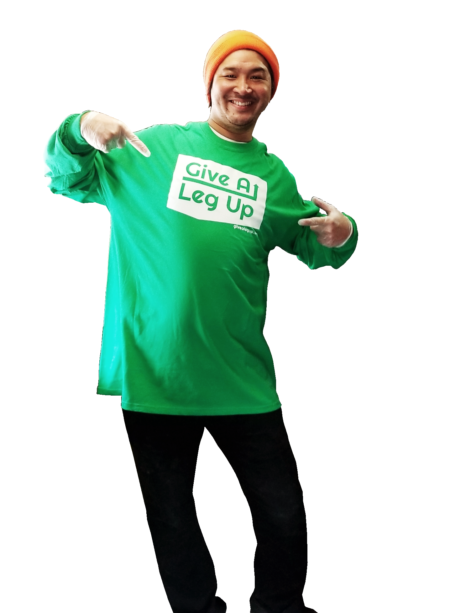A man wearing a green t-shirt that says give all leg up