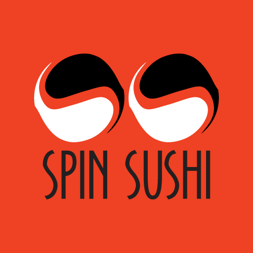 A logo for spin sushi with a red background