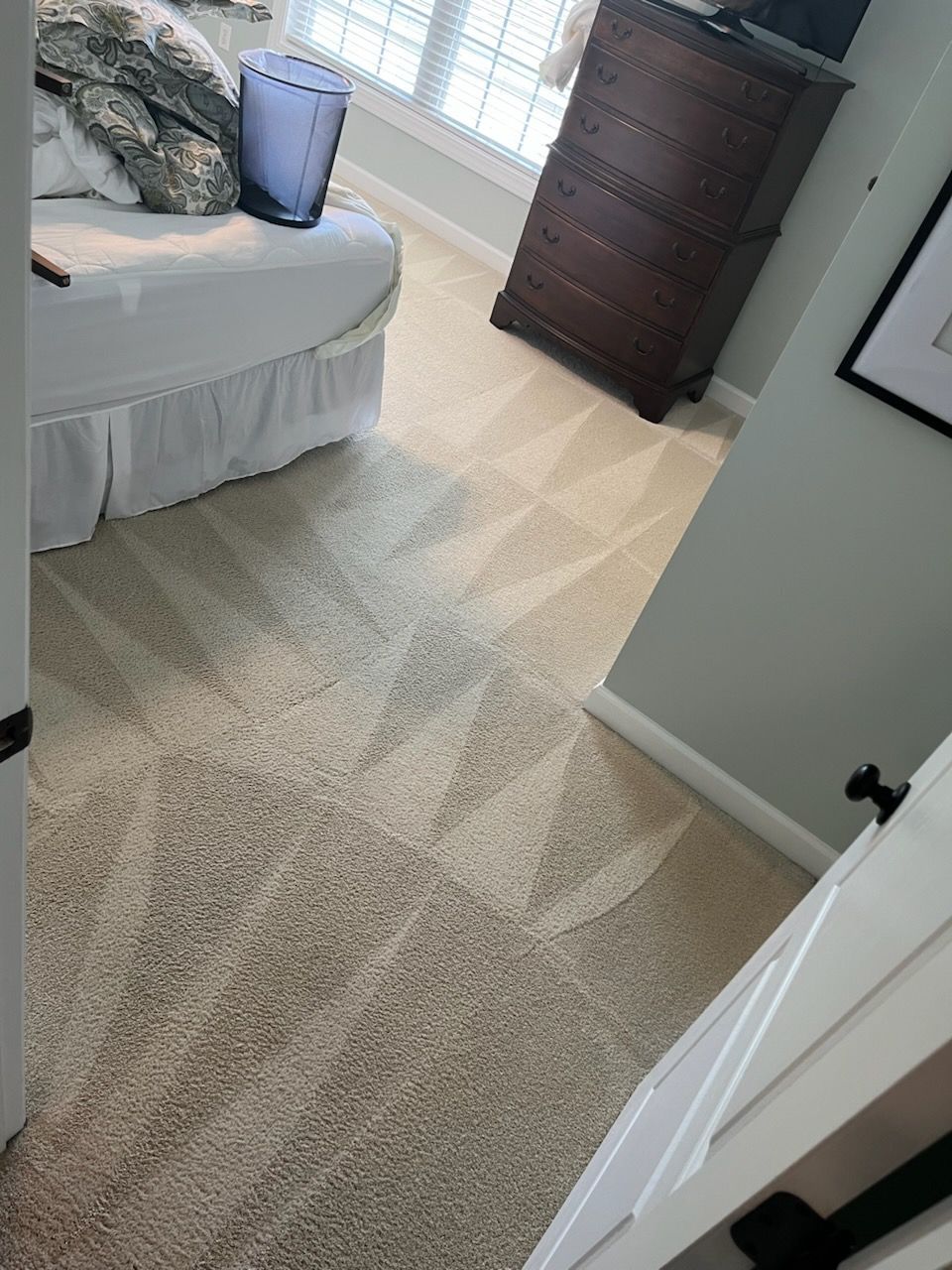 Beige carpet in a bedroom with a bed, dresser, and door; neutral-toned interior.