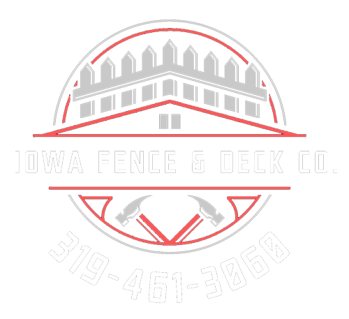 Logo for Iowa Fence & Deck Co. featuring a stylized fence, hammers, and phone number.