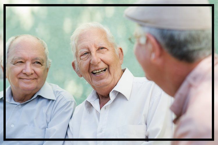 elderly male friends conversing and smiling.