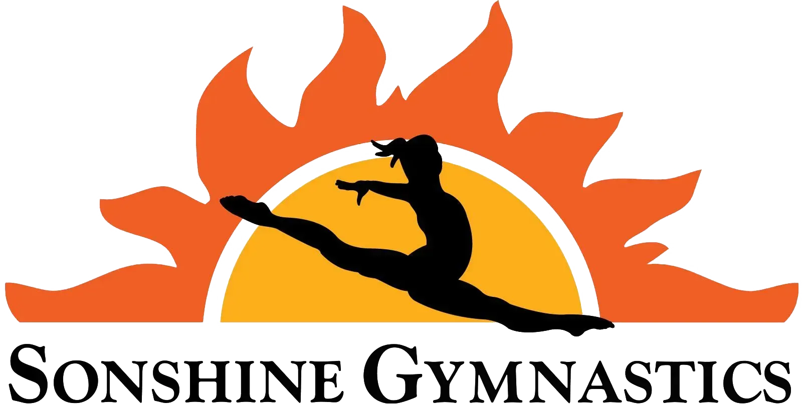 A logo for sunshine gymnastics with a silhouette of a gymnast in front of the sun