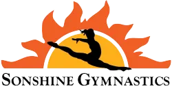 A logo for sunshine gymnastics with a silhouette of a gymnast in front of the sun