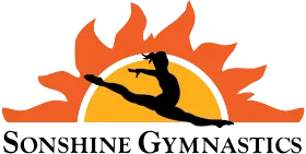 A logo for sunshine gymnastics with a silhouette of a gymnast in front of the sun