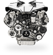 A studio shot of a modern, metallic-finished V8 car engine showing the belt system, alternator, and oil pan. | Smithwest Service Center
