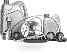 Automotive maintenance supplies, including engine oil jugs, a timing belt, pulleys, and a metal component. | Smithwest Service Center